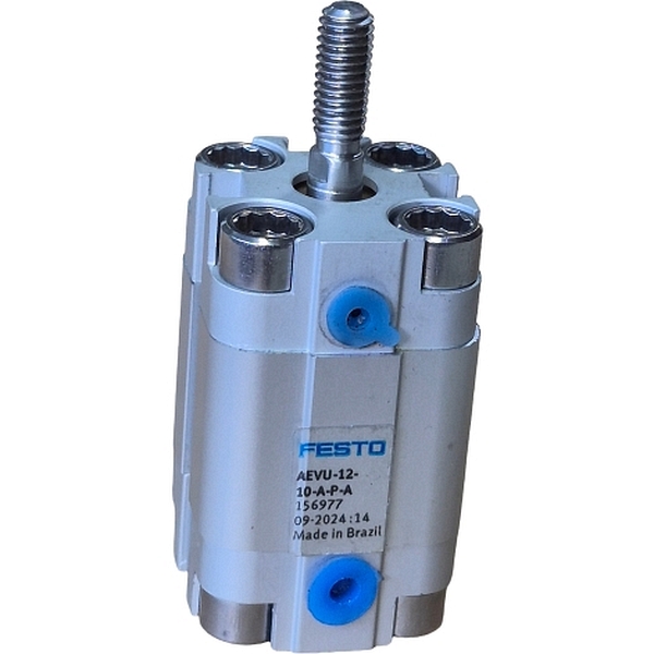 cilindro compacto, diâmetro 12mm, curso 10mm, rosca externa, amortecimento elástico nas posições finais, detecção de posição