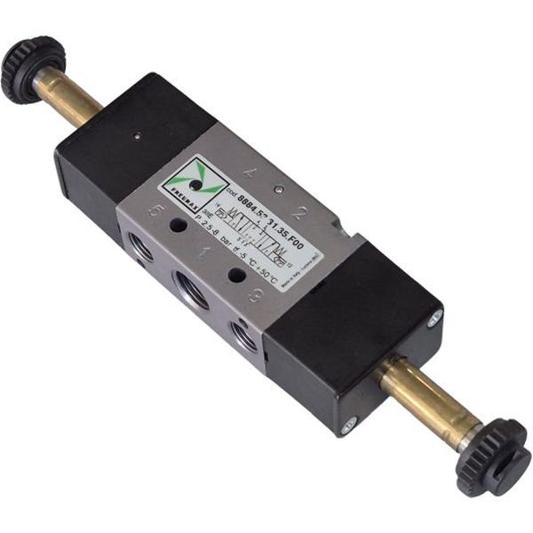 Série 888, solenóide-solenóide, 5/3 vias, centro fechado, sem bobinas, fluxo nominal 540 Nl/min, tamanho do orifício 6.5mm, conexão rosca G1/4. Consulte a possibilidade de comprar as bobinas.