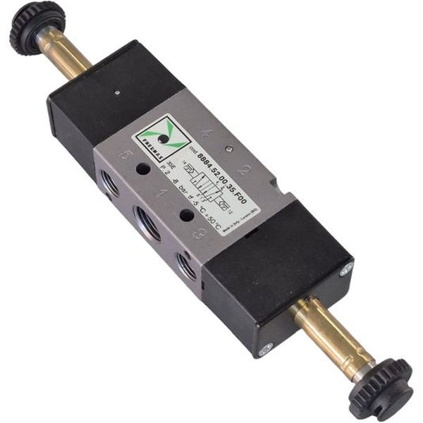 Série 888, 5/2 vias, solenóide-solenóide, fluido ar filtrado, temperatura -5...50oC, fluxo nominal 890 Nl/min, tamanho do orifício 6.5mm, conexão rosca G1/4.
F00 significa sem bobinas. Consulte a possibilidade de adquirir as bobinas.