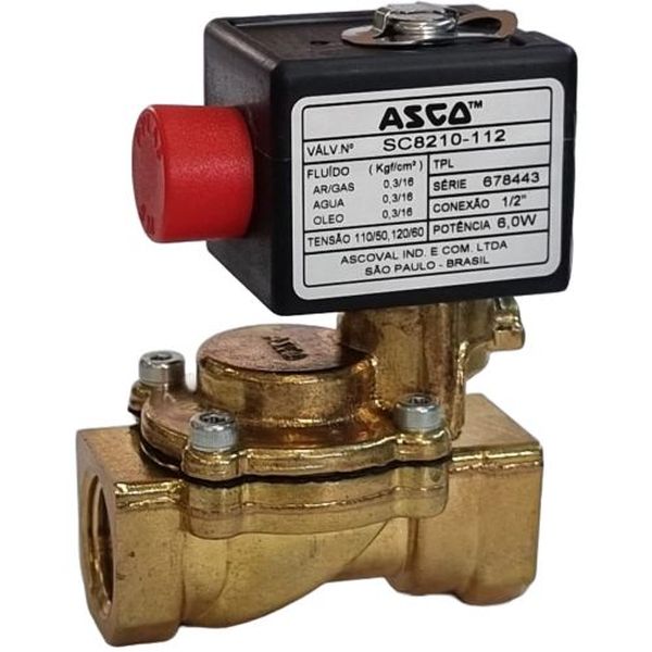 Válvula solenóide ASCO ASCOVAL SC8210-112  conexão rosca 1/2, fluidos ar / gás / água / óleo, voltagem da bobina 120/60V, potência 6W, material corpo latão
