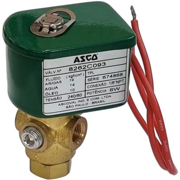 Válvula pneumática ASCOVAL 8262C093 conexão 1/8, NPT, fluidos ar / gás / água / óleo, voltagem da bobina 240V / 60Hz, potência 6W, material do corpo latão