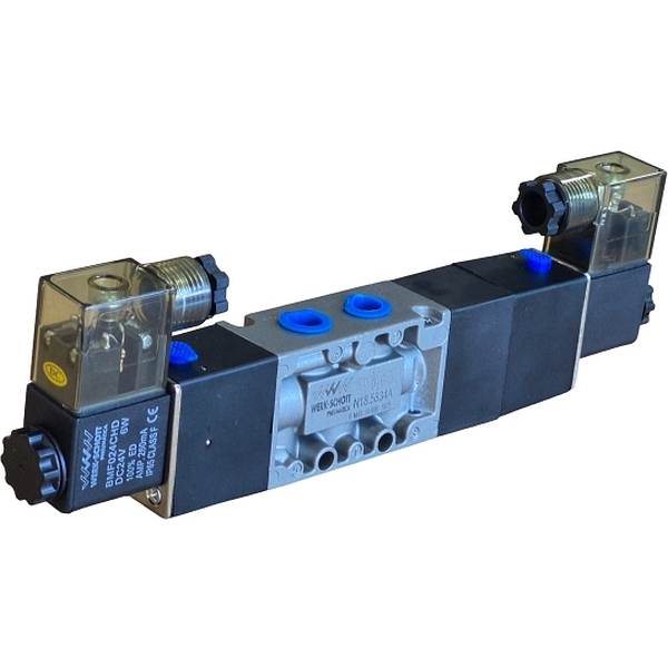 Série N18.000, conexão rosca 1/4BSP, 5 vias, atuador solenóide, retorno autocentrante, 3 posições CAN, tensão 24VDC. Para fluxos intermediários com vazão de 2073 l/min à pressão de 7 bar.