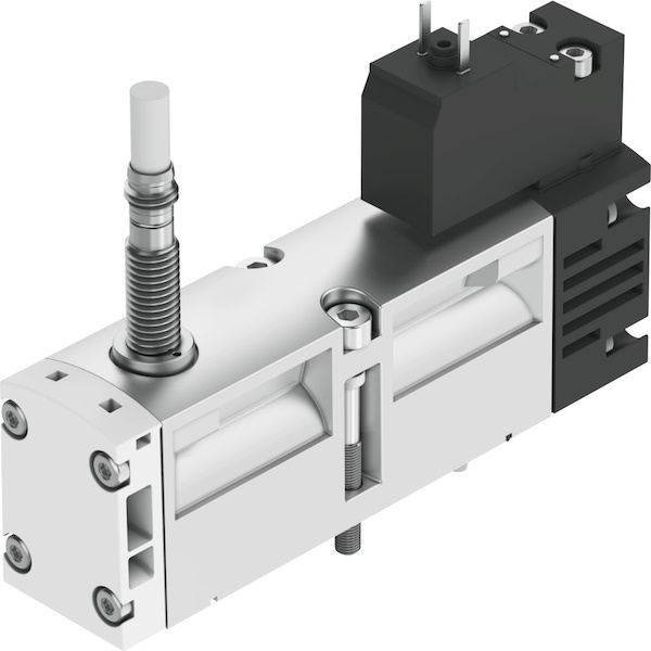 	Válvula solenoide pneumática 5/2 vias, 24V DC, acionamento elétrico, retorno por mola, montagem em base, aplicação em automação industrial.

            VS-560744-FST
     