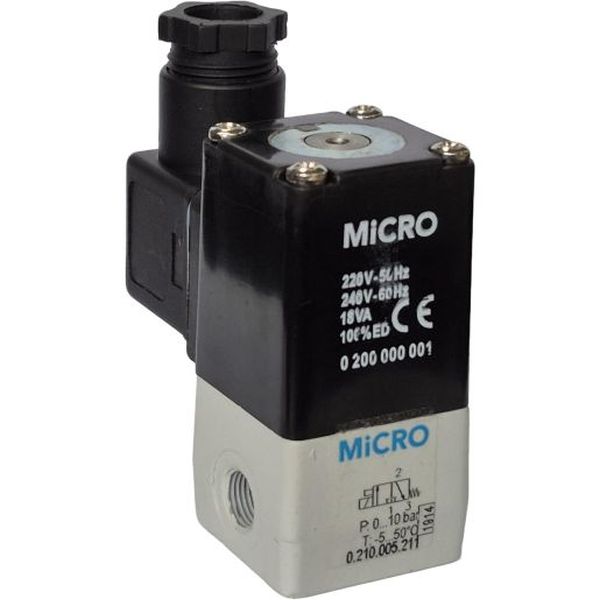 Série 213 1/8, conexão rosca 1/8, 3/2, normalmente fechada, atuador elétrico, corpo Zamac, bobina encapsulada em resina epoxi, bobina 240V / 60Hz / 18VA