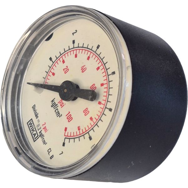 conexão rosca 1/8NPT, saída por trás, diâmetro 40mm, caixa de plástico, visor de plástico, fluido ar comprimido