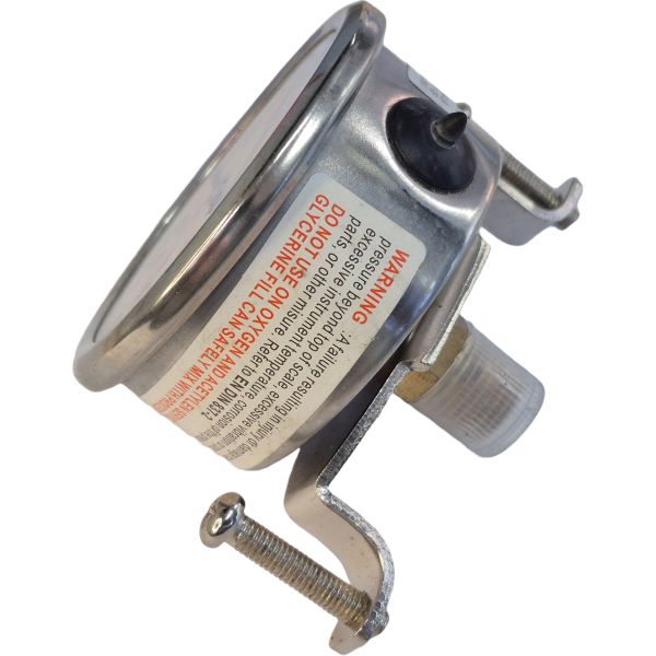 Manômetro BALFLEX 140psi 10bar com suporte manômetro saída por trás, rosca 1/4, com glicerina, visor plástico, caixa metálica