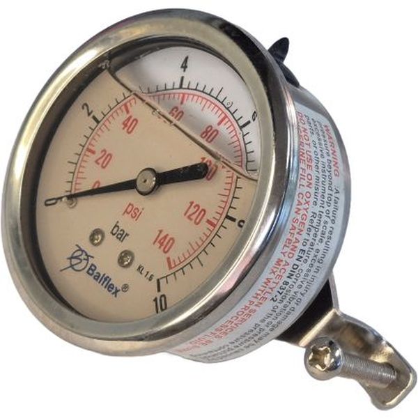 Manômetro BALFLEX 140psi 10bar com suporte manômetro saída por trás, rosca 1/4, com glicerina, visor plástico, caixa metálica