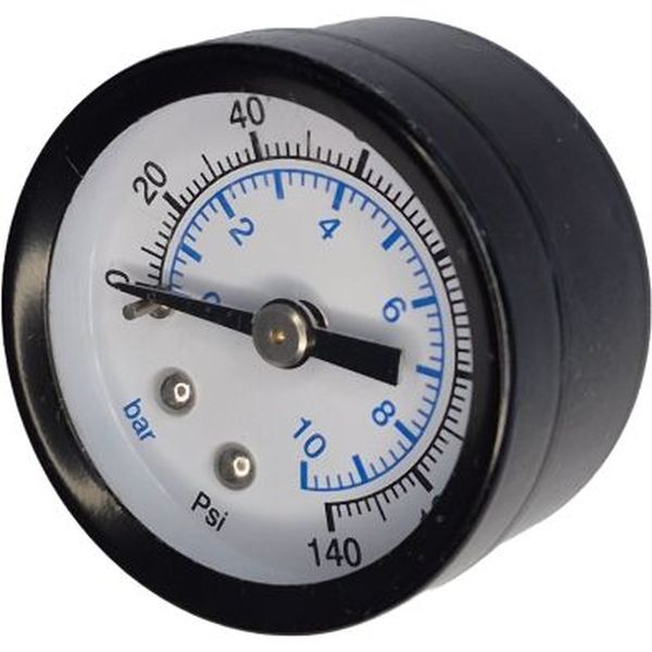 saída por trás, conexão rosca 1/4, diâmetro 40mm, mostrador de plástico, fluido ar comprimido