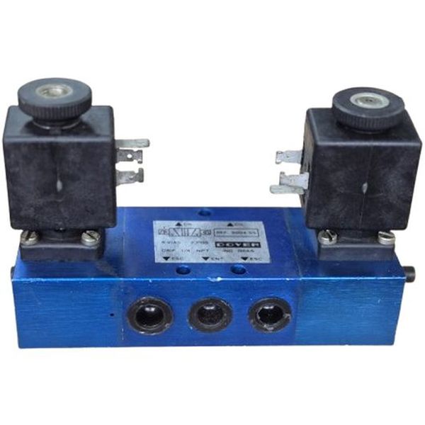 5 vias / 2 posições, conexão rosca 1/4npt, acionamento solenóide, retorno solenóide, corpo alumínio azul, fluido ar comprimido, bobina 102869 110VCA