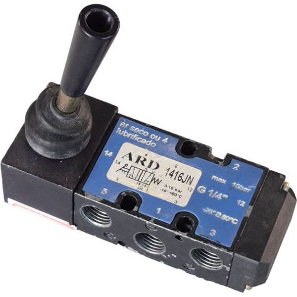 5/2 vias, conexão G1/4, acionamento alavanca / retorno mola, pressão 0~10bar, temperatura -10~80oC, meio ar seco ou lubrificado