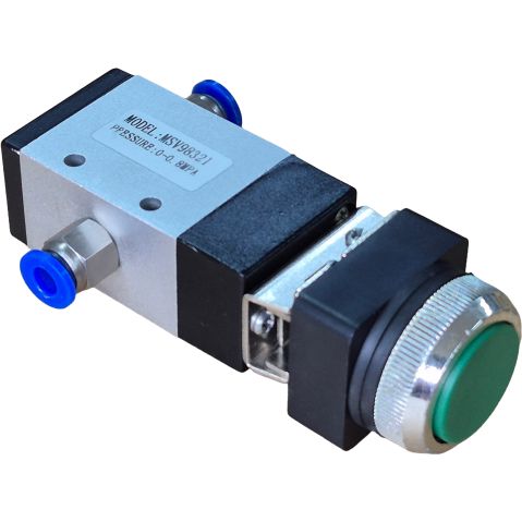 3/2 vias, conexão 1/4, acionamento botão verde / retorno mola, pressão 0~0,8MPa. Com conexões instântaneas 1/4X6 e um silenciador.