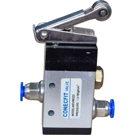 3/2 vias, conexão 1/4, acionamento gatilho com rolete / retorno mola, pressão 1,5~8Kgf/cm2. Com conexões 1/4X6 e silenciador.
