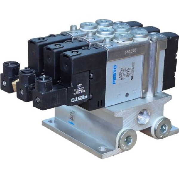5/2 vias, conexão rosca 1/4, largura 18mm, 24VDC. 3 válvulas e subplaca.