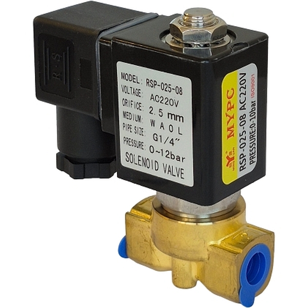 2/2 vias, conexão G1/4, 220VAC 22VA, pressão 0~10bar, meio água / ar / óleo