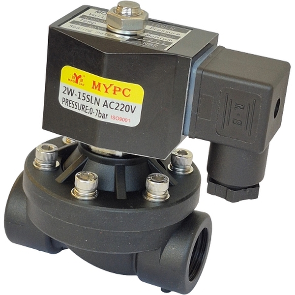 2/2 vias, conexão 3/8, 220VAC, pressão 0~7bar, temperatura -5~80oC, meios água / ar / óleo, vedações NBR, ISO9001