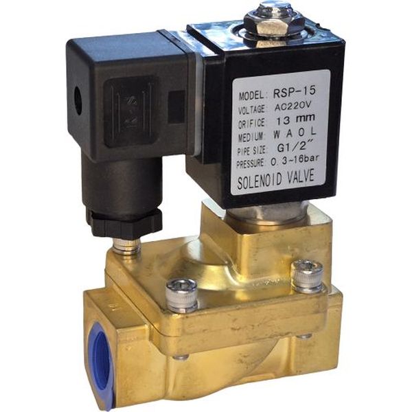 2/2 vias, conexão G1/2, orifício 13mm, 220VAC 22VA, pressão 0,3~16bar, meios água / ar / óleo, material bronze, vedações NBR