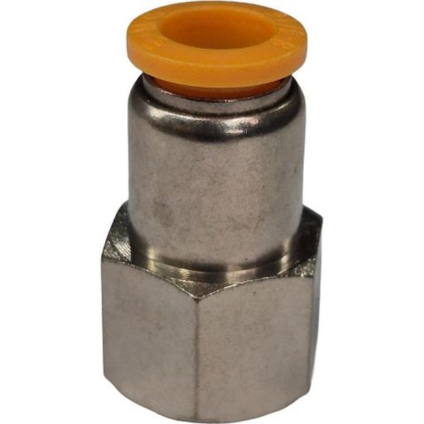 conexão rosca fêmea 1/4, diâmetro do tubo 6mm, meio de operação ar comprimido, anel de desengate laranja, corpo metálico
