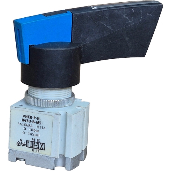 4/3 vias fechada, conexões G1/4, atuação manual, vazão 1500 l/min, pressão operacional 0...10 bar, meio ar comprimido, corpo PA, vedações NBR