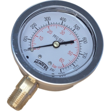 Aplicações: - Ideal para bombas, compressores, prensas hidráulicas, máquinas, equipamentos pneumáticos e motores em ambientes agressivos - Use onde há vibrações e pulsações prejudiciais Descrição e Características: - Caixa em aço inoxidável com preenchimento líquido, à prova de pulsação - Preenchido com glicerina - Partes internas em latão ou aço inoxidável Orifício restrito em escala dupla - Plugue de ventilação - Painel cravado - Escala dupla (psi/bar) Especificações: - Mostrador 2.5” (63mm) alumínio branco com marcações preta e vermelha - Caixa 304 aço inoxidável (seco) - Visor: policarbonato - Anel: 304 aço inoxidável (cravado) - Soquete: latão com orifício restrito - Conexão 1/4” NPT saída traseira (horizontal) - Preenchimento líquido: glicerina - Tubo Bourdon: bronze - Ponteiro: alumínio anodizado preto - Limite de sobrepressão: 25% - Junta de soquete: Buna N para vedação de soquete interna de duas peças - Preenchimento de plug: Buna N - Junta do anel do visor: borracha de silicone - Pressão de trabalho: 75% do valor da escala total - Temperatura ambiente/ de processo com glicerina: -20°C a 65°C - Precisão ±1.5% do valor da escala total - Índice de Proteção IP65 