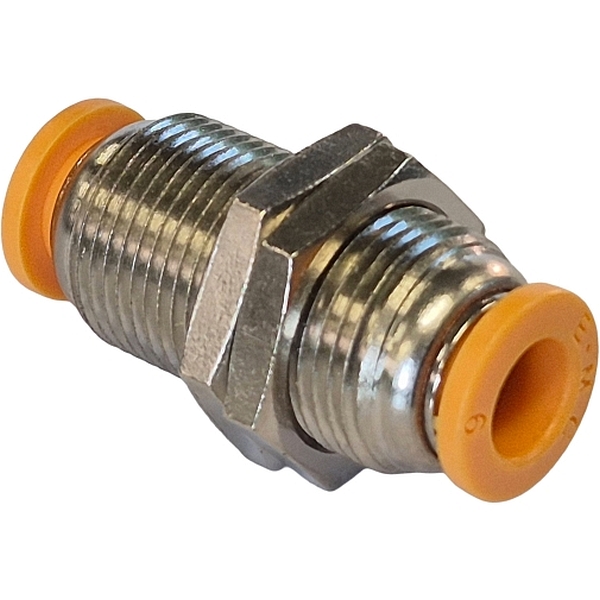 Para tubos com diâmetro externo 6mm. A conexão passa-muro é fixada no painel por duas porcas. 