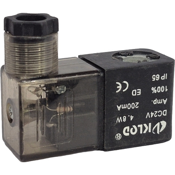tensão 24VDC, potência 4,8W, corrente 200mA, serviço 100%, grau de proteção IP65, conector DIN 43650