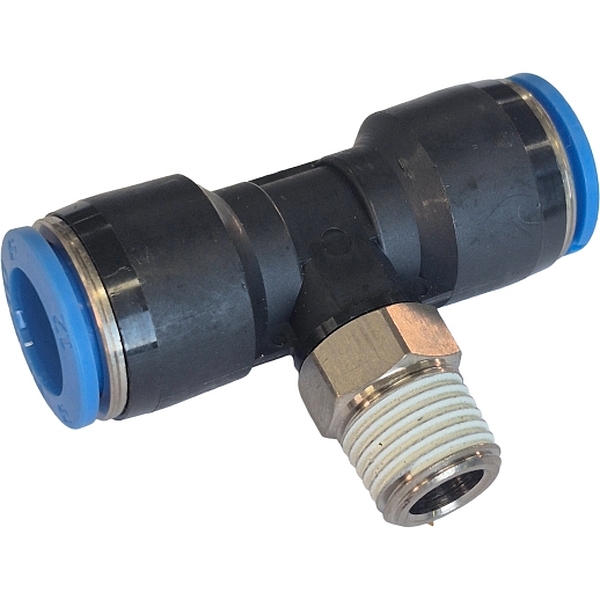 formato em T, push-pull, rosca macho 1/4, para tubo flexível com diâmetro externo 12mm, anel de desengate azul
