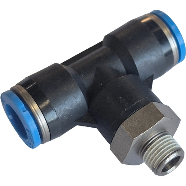 formato em T, push-pull, rosca macho 1/8, para tubo flexível com diâmetro externo 12mm, anel de desengate azul