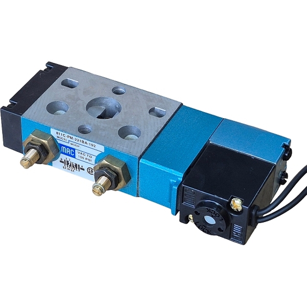 Série 800, conexão rosca 1/4nptf, 5/2 vias, montagem com manifold, acionamento solenóide, fluxo máximo 1,4CV, bobina 24VDC 8.5W, fluido ar comprimido / vácuo / gases inertes