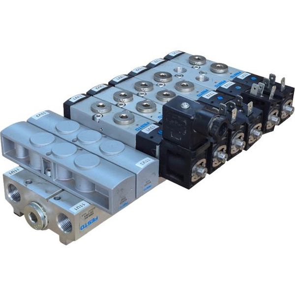 válvulas: 5/2 vias, conexões G1/4, atuação elétrica / retorno mola pneumática, 24VDC, vazão 1.000 l/min, meio ar comprimido, corpo alumínio, vedações NBR