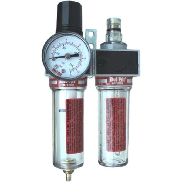 marca: Bel Air <br /> modelo: FR1200 (filtro-regulador), LF1200(lubrificador) <br /> rosca: 1/4 <br /> manometro: 11BAR <br /> estado: novo, na caixa