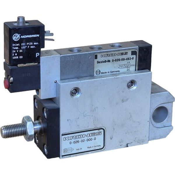 bobina NORGREN 24VDC 2W. Válvula pneumática 5/2 vias, atuador solenóide / retorno mola. Cilindro pneumático curso 25mm.