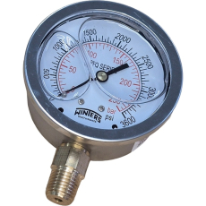Aplicações: - Ideal para bombas, compressores, prensas hidráulicas, máquinas, equipamentos pneumáticos e motores em ambientes agressivos- Use onde há vibrações e pulsações prejudiciaisDescrição e Características: - Caixa em aço inoxidável com preenchimento líquido, à prova de pulsação- Preenchido com glicerina- Partes internas em latão ou aço inoxidável- Orifício restrito- Plugue de ventilação em 2,5 ” (63 mm) montagem inferior (excluindo conexão SAE)- Painel cravado- Escala dupla (psi/bar)- Consulte sobre a disponibilidade de flangeEspecificações:- Mostrador 2.5” (63mm) alumínio branco com marcações preta e vermelha- Caixa: aço inoxidável 304- Visor: policarbonato- Anel: aço inoxidável 304 (cravado)- Soquete: latão com orifício restrito- Conexão 1/4” NPT saída inferior (vertical)- Tubo Bourdon: bronze fosforoso- Ponteiro: alumínio anodizado preto- Limite de sobrepressão: 15%- Junta de soquete: Buna N para vedação de soquete interna de duas peças- Preenchimento de plug: Buna N- Junta do anel do visor: borracha de silicone- Pressão de trabalho: 75% do valor da escala total- Temperatura ambiente/ de processo com glicerina: -20&deg;C a 65&deg;C- Precisão: &plusmn;1.5% do valor da escala total- Proteção: IP65