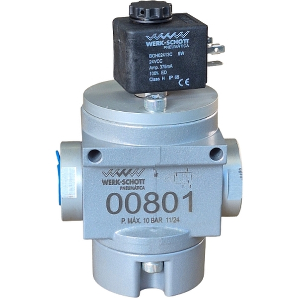 3/2 vias, conexão 1/8bsp, acionamento solenóide / retorno mola, 24VCC, vazão de 9230 L/Min, pressão máxima 10bar, corpo alumínio, vedações Buna-N